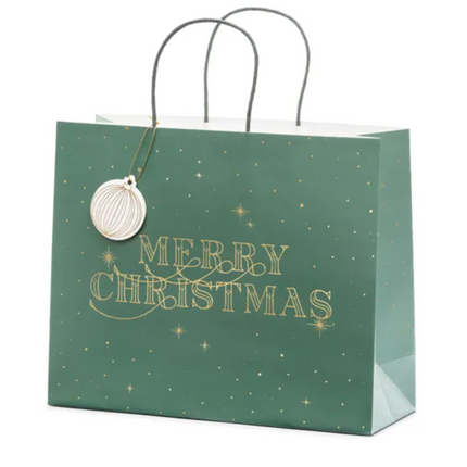 Torebka na prezenty Merry Christmas, butelkowa zieleń, 32.5x26.5x11.5cm - Yooglo