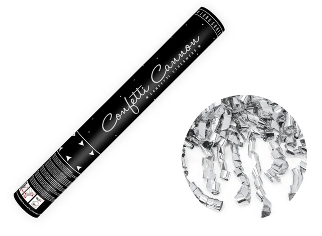 Tuba z serpentynami srebrny 40cm - tuba strzelająca